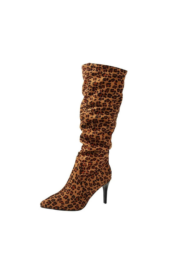 Boots for Women Soft, Non-Smelly Feet High Cost Performance Women's Leopard Print Knee High Boots Slouch High Heels Boots Pointed Casual Pull-On Tall Boot Party Dress Shoes