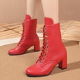 thumbnail image 1 of Nmnitkp Boots for Women Solid Color British Style Large Size Fall And Winter Style Comfortable Heightened Thick Heel Short Barrel Motorcycle Boots Red,43, 1 of 9