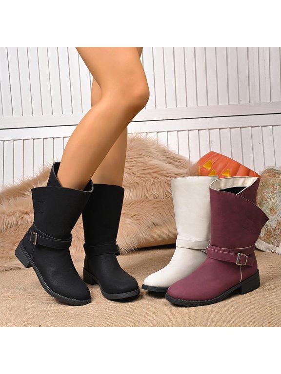 Boots for Women Belt Buckle Cowboy Boots Knight Boots Large Size Fall And Winter Style Comfortable Height-Enhancing Short Boots Black,36
