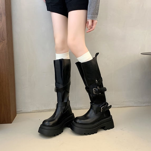 Nmnitkp Boots for Women Fashion Casual Versatile Winter Round Toe Thick Round Toe Sleeve Belt Buckle Thick Heel High Heel Knee-High Boots Black,38