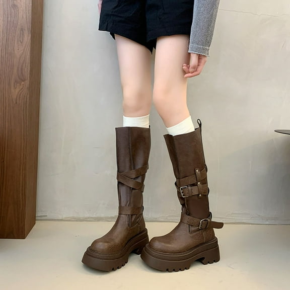 Nmnitkp Boots for Women Fashion Casual Versatile Winter Round Toe Thick Round Toe Sleeve Belt Buckle Thick Heel High Heel Knee-High Boots Brown,36