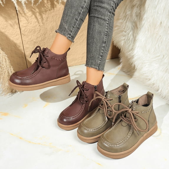 Nmnitkp Boots for Women Fashion Casual Winter Ankle Boots Solid Color Round Toe Side Zipper Front Lace-Up Flat Ankle Boots Brown,36