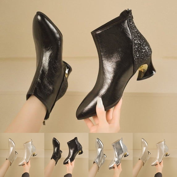 Nmnitkp Boots for Women Fashion Casual Winter Ankle Boots Solid Color Splicing Pointed Toe Back Zipper Thick Heel Low Heel Ankle Boots Black,36