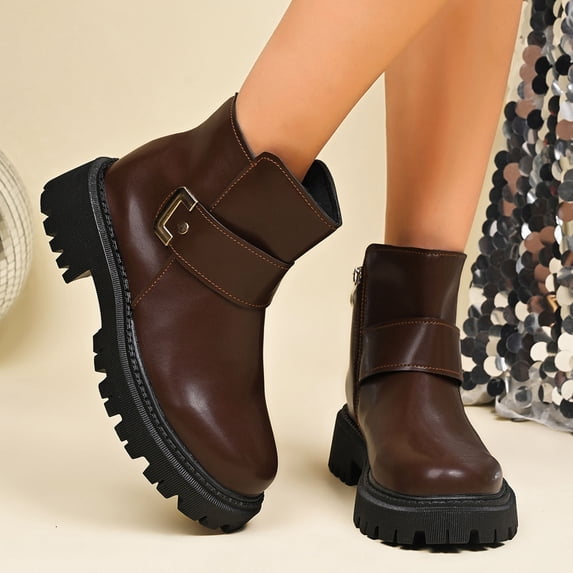 Nmnitkp Boots for Women - Fashion Casual Winter Ankle Martin Boots, Solid Color Round Toe with Side Zipper & Chunky Low Heel Martin Boots Coffee,36