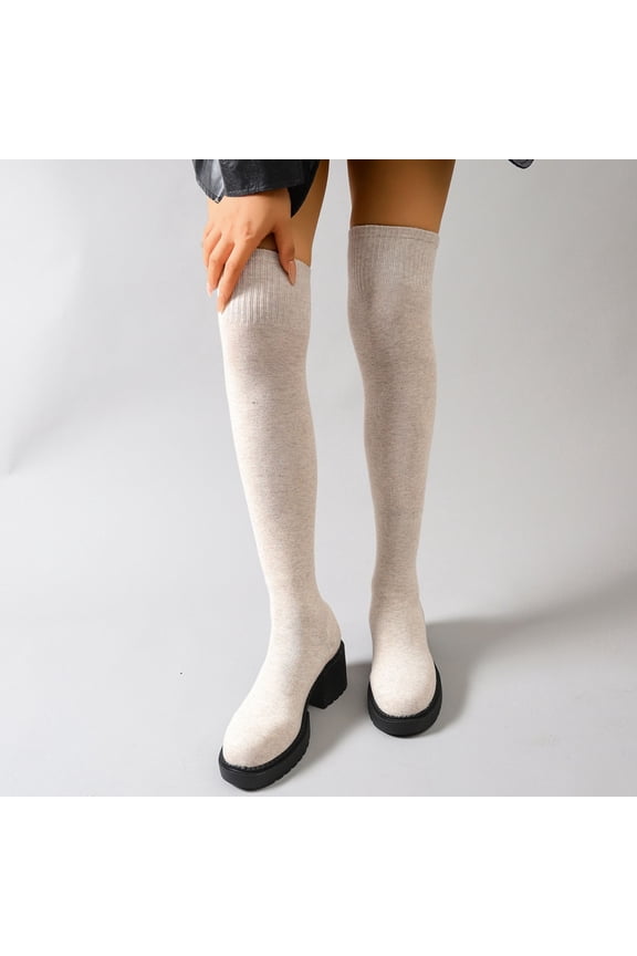 Boots for Women Fashion Casual Winter Mesh Elastic Stockings Boots Solid Color Round Toe Chunky Heel High Heel Over-The-Knee Boots Beige,40