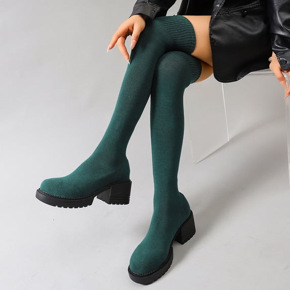 Nmnitkp Boots for Women Fashion Casual Winter Mesh Elastic Stockings Boots Solid Color Round Toe Chunky Heel High Heel Over-The-Knee Boots Green,42