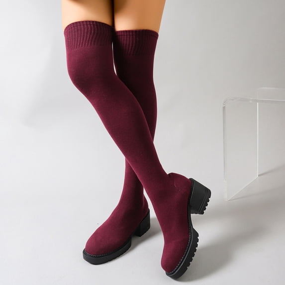 Nmnitkp Boots for Women Fashion Casual Winter Mesh Elastic Stockings Boots Solid Color Round Toe Chunky Heel High Heel Over-The-Knee Boots Wine,38