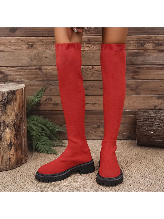 Boots for Women Fashion Casual Winter Mesh Elastic Stockings Boots Solid Color Round Toe Chunky Heel Low Heel Over-The-Knee Boots Red,37