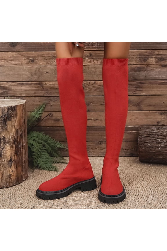 Boots for Women Fashion Casual Winter Mesh Elastic Stockings Boots Solid Color Round Toe Chunky Heel Low Heel Over-The-Knee Boots Red,37