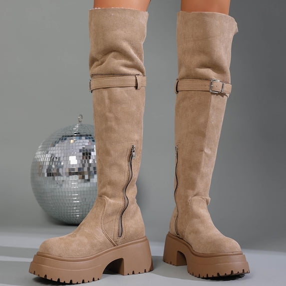 Nmnitkp Boots for Women Fashion Casual Winter Solid Color Versatile High Heel Knee-High Boots Khaki,36