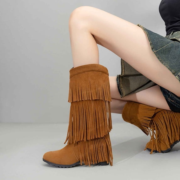 Nmnitkp Boots for Women Fashionable And Casual British Style Versatile Thick Soled Winter Tassel High-Heeled Sleeve High Top Boots Yellow,36