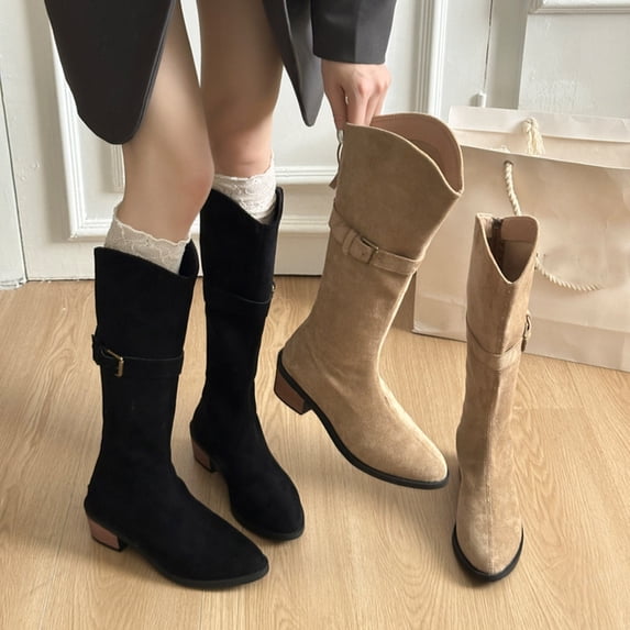 Nmnitkp Boots for Women Fashionable Casual Multi-Color Thick-Soled Suede Western Boots Fall And Winter Style Comfortable Long Boots Black,36
