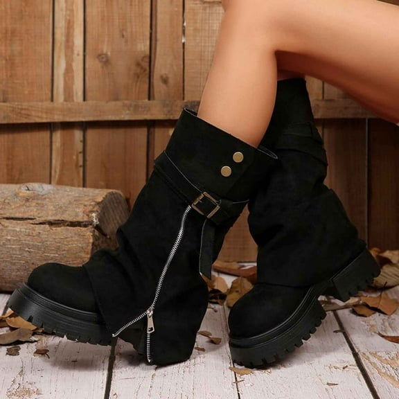 Nmnitkp Boots for Women Fashionable Casual Thick Heel Round Toe Pants With Side Zipper And Belt Buckle Suede Maillard Western Slim Boots Black,38