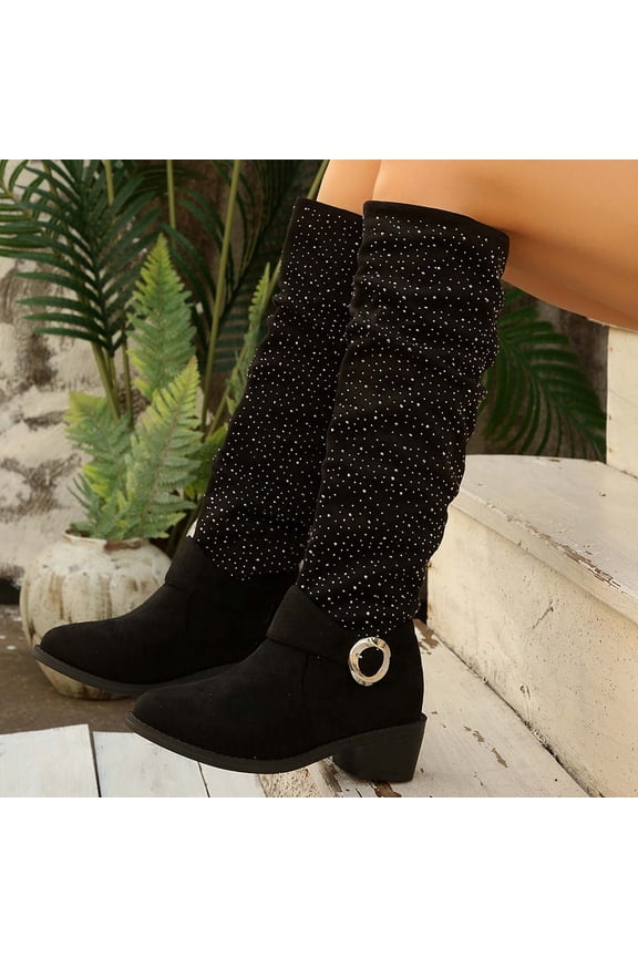 Boots for Women Fashionable Casual Thick Heel Round Toe Pants With Side Zipper And Belt Buckle Suede Maillard Western Slim Boots Black,40