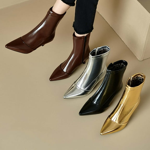 Nmnitkp Boots for Women - Fashionable Casual Versatile British Style, Shiny Metallic Mid Heel Pointed Toe with Side Zipper Brown,36