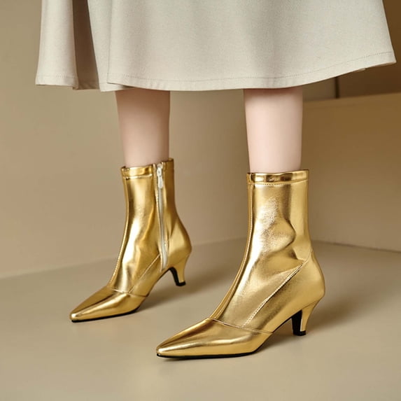 Nmnitkp Boots for Women - Fashionable Casual Versatile British Style, Shiny Metallic Mid Heel Pointed Toe with Side Zipper Gold,38