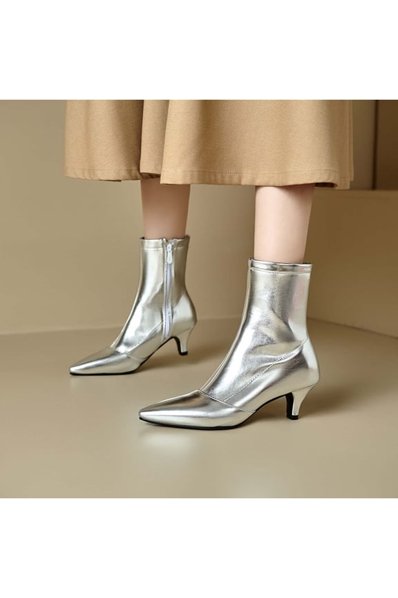 Boots for Women - Fashionable Casual Versatile British Style, Shiny Metallic Mid Heel Pointed Toe with Side Zipper Silver,36