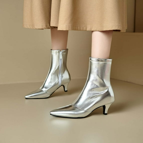 Nmnitkp Boots for Women - Fashionable Casual Versatile British Style, Shiny Metallic Mid Heel Pointed Toe with Side Zipper Silver,37