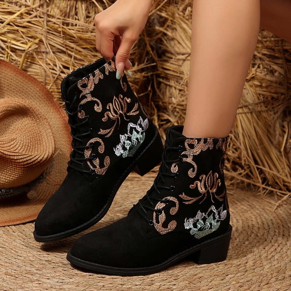 Nmnitkp Boots for Women Fashionable Casual Versatile Embroidered Suede Front Lace Up Temperament Commuting Fashion Boots Black,41