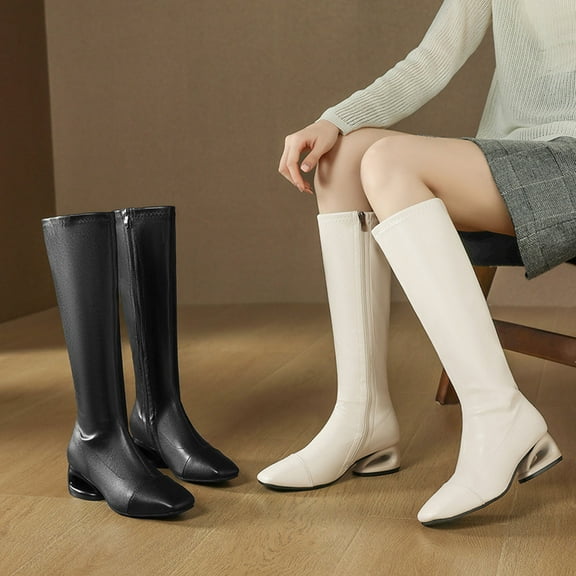 Nmnitkp Boots for Women - Fashionable Casual Winter Knee-High Boots, Square Toe with Side Zipper & Special-Shaped Low Heel White,36