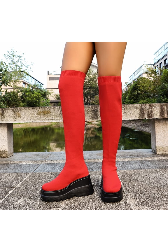 Boots for Women - Fashionable Casual Winter Style, Over-The-Knee Mesh Elastic Stockings Boots with Round Toe & Thick Bottom Wedge Heel Red,40