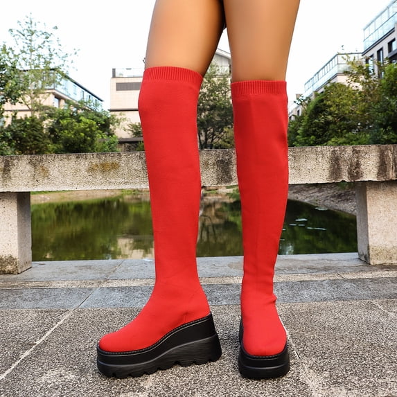 Nmnitkp Boots for Women - Fashionable Casual Winter Style, Over-The-Knee Mesh Elastic Stockings Boots with Round Toe & Thick Bottom Wedge Heel Red,43