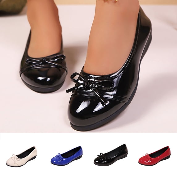 Nmnitkp Boots for Women Solid Color Shoes Bow Round Toe Patent Leather Fall And Winter Comfortable Height-Increasing Flat Shoes Black,36