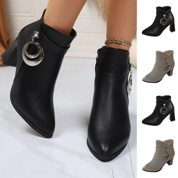 Nmnitkp Boots for Women Thick Heel Metal Ring Decorated Pointed Toe Ankle Boots Large Size Fall And Winter Style Comfortable Fall Boots Black,36