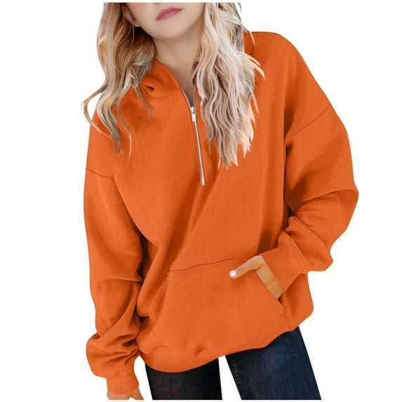 Nmnitkp Boys Girls Sweatshirts Solid Color Hooded Half Zip Long Sleeved Sweatshirt With Pockets Mid Size Sweatshirt For Kids Orange,7 Years