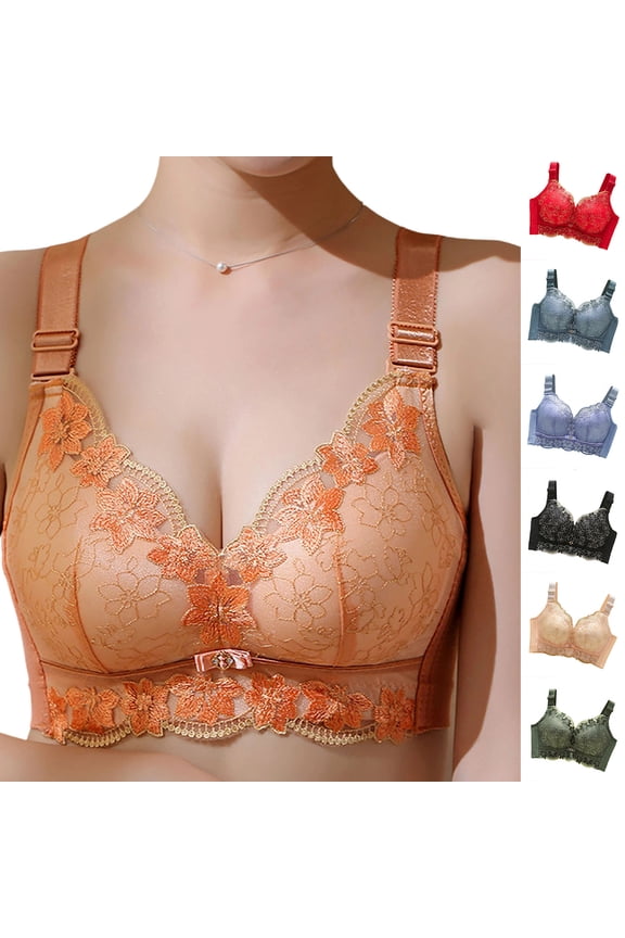 Bras for Women Lace Push Up Bra Underwire Support Full Coverage Side Support Back Smoothing Adjustable Straps Plus Size Everyday Bra for Small Bust Enhancement Yellow,M