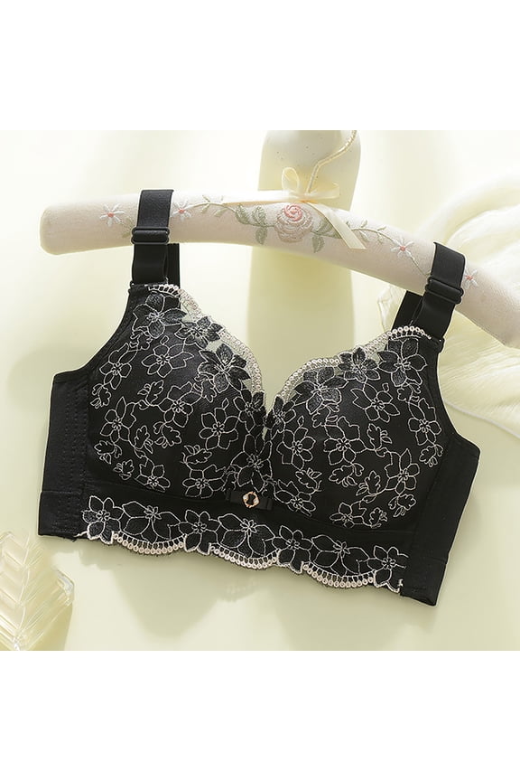 Bras for Women Lace Push Up Bra Underwire Support Full Coverage Side Support Back Smoothing Adjustable Straps Plus Size Everyday Bra for Small Bust Enhancement Black,S