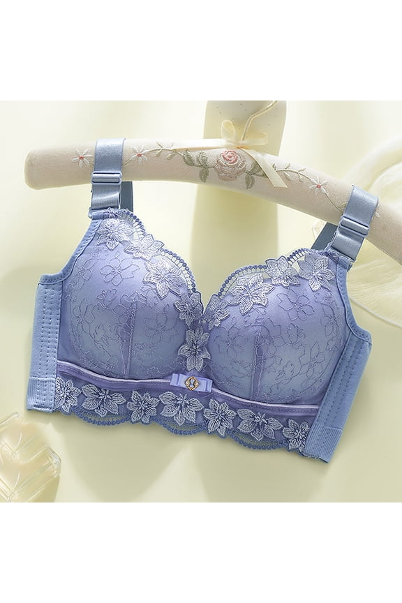 Bras for Women Lace Push Up Bra Underwire Support Full Coverage Side Support Back Smoothing Adjustable Straps Plus Size Everyday Bra for Small Bust Enhancement Blue,L