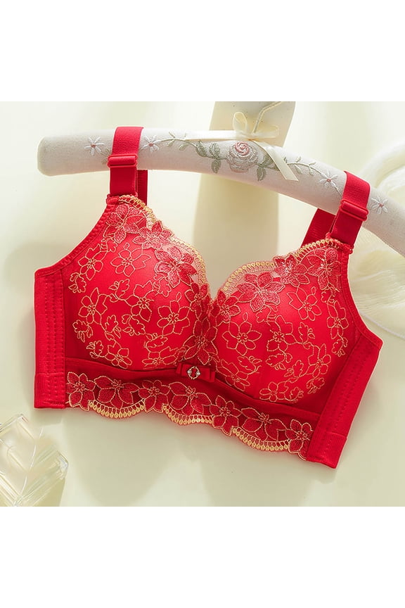 Bras for Women Lace Push Up Bra Underwire Support Full Coverage Side Support Back Smoothing Adjustable Straps Plus Size Everyday Bra for Small Bust Enhancement Red,M