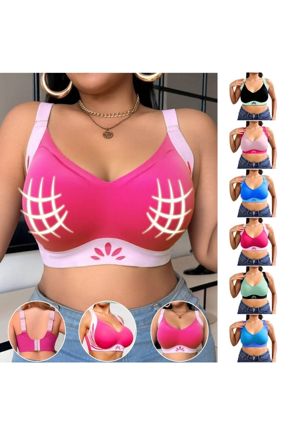 Bras for Women Plus Size Wireless Bra Color Block Push Up Support Back Smoothing Adjustable Straps Back Closure Seamless T-Shirt Bra Everyday Comfort Bra for All-Day Wear Hot Pink,2XL