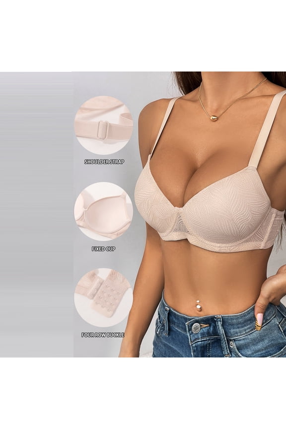 Bras for Women Underwire Push Up Bra Back Smoothing Seamless T-Shirt Bra Adjustable Straps Four-Row Back Closure Plus Size Everyday Comfort Bra for All-Day Wear Beige,XL