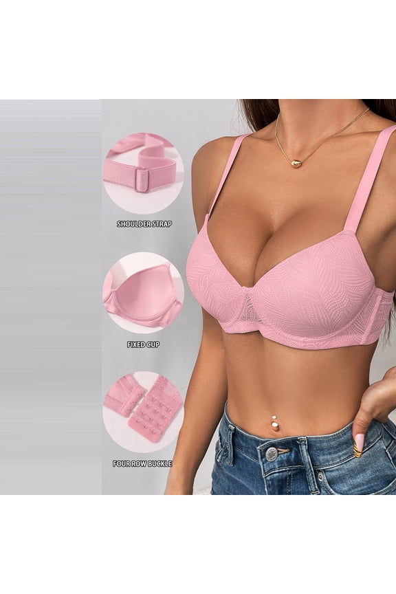 Bras for Women Underwire Push Up Bra Back Smoothing Seamless T-Shirt Bra Adjustable Straps Four-Row Back Closure Plus Size Everyday Comfort Bra for All-Day Wear Pink,2XL