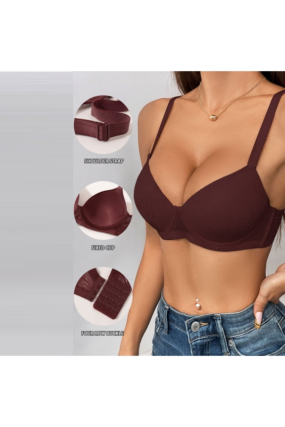 Bras for Women Underwire Push Up Bra Back Smoothing Seamless T-Shirt Bra Adjustable Straps Four-Row Back Closure Plus Size Everyday Comfort Bra for All-Day Wear Wine,M