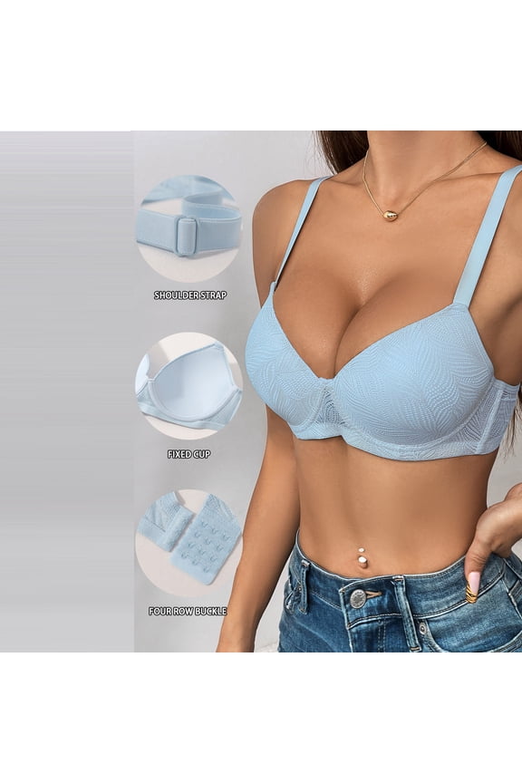 Bras for Women Underwire Push Up Bra Back Smoothing Seamless T-Shirt Bra Adjustable Straps Four-Row Back Closure Plus Size Everyday Comfort Bra for All-Day Wear Light Blue,2XL