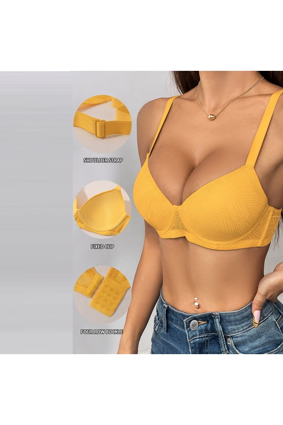 Bras for Women Underwire Push Up Bra Back Smoothing Seamless T-Shirt Bra Adjustable Straps Four-Row Back Closure Plus Size Everyday Comfort Bra for All-Day Wear Yellow,L