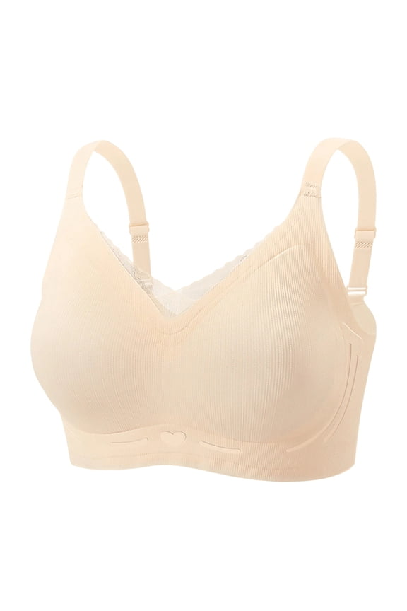 Bras for Women Wireless Seamless Bra Solid Color Lace Trim Push Up Breathable Jelly Bra Adjustable Straps Back Smoothing Everyday Comfort Bra for All-Day Wear Beige,M