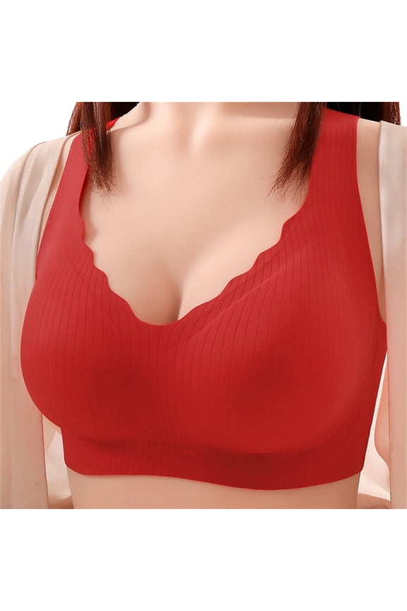 Bras for Women Wireless Seamless Bra Solid Color Scalloped Trim Push Up Breathable Jelly Bra Comfortable Everyday Bra for All-Day Wear Red,L