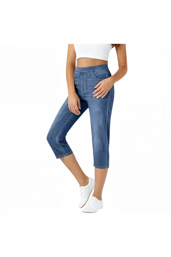 Capri Jeans for Women High Waisted Slim Straight Stretchy Denim Capris Pants with Pockets Casual Cropped Jeans