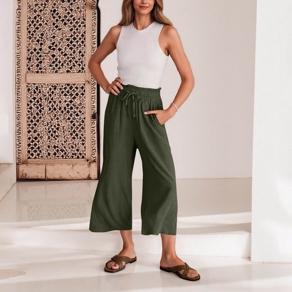 Nmnitkp Capri Pants for Women High-Quality Fabric Sweatpants Women Solid Color Stretch Waist Strap Drawstring Pocket Pants 3/4 Pants Army Green,L