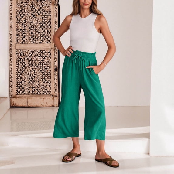 Nmnitkp Capri Pants for Women High-Quality Fabric Sweatpants Women Solid Color Stretch Waist Strap Drawstring Pocket Pants 3/4 Pants Green,M