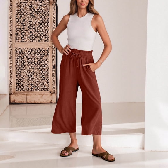 Nmnitkp Capri Pants for Women High-Quality Fabric Sweatpants Women Solid Color Stretch Waist Strap Drawstring Pocket Pants 3/4 Pants Wine,L