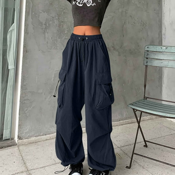 Nmnitkp Cargo Pants Women Fashion Pocket Drawstring Elastic Waistband Pants Solid Loose Long Full Cargo Pants Length Pants Navy,S