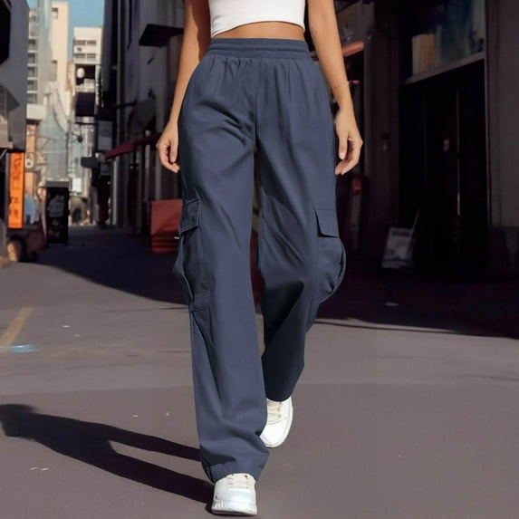 Nmnitkp Cargo Pants Women Unique Design Casual Solid Color Pants Straight Leg Cargo Casual Trousers With Pockets Navy,M