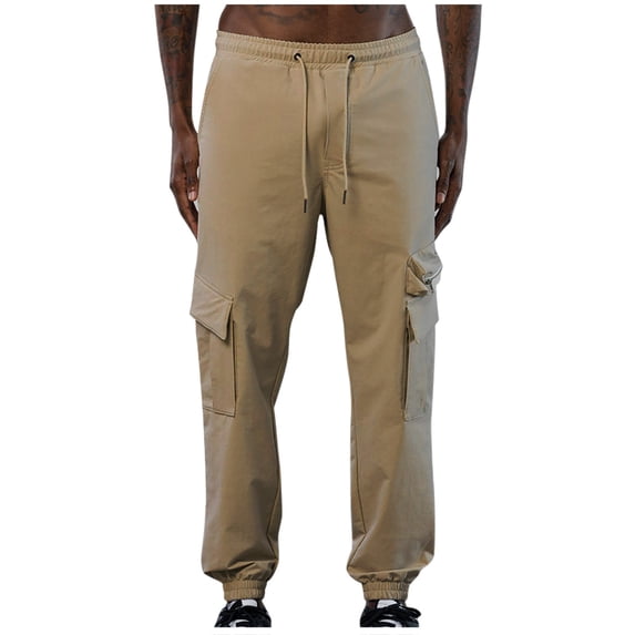 Nmnitkp Cargo Pants for Men Solid Color Zippered Multi-Pocket, Lacing with Elastic Rope Binding Leg, Sweatpants