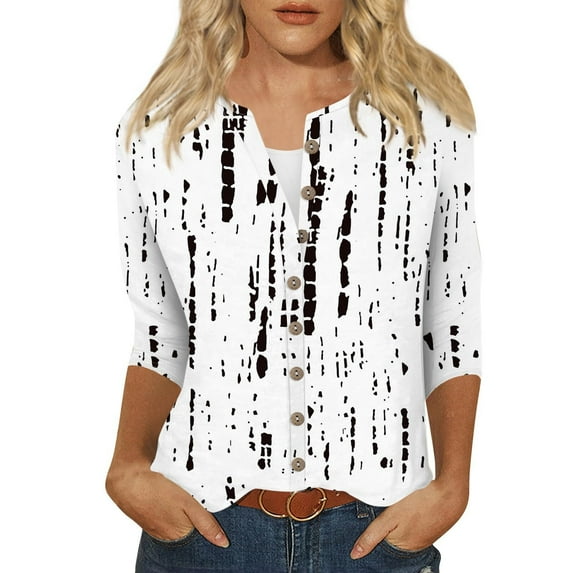 Nmnitkp Cartigan Light and Comfortable Womens Round Neck 3/4 Sleeve Tops Button Floral Design T-Shirts Solid Loose Cute Tunic Tee Blouses
