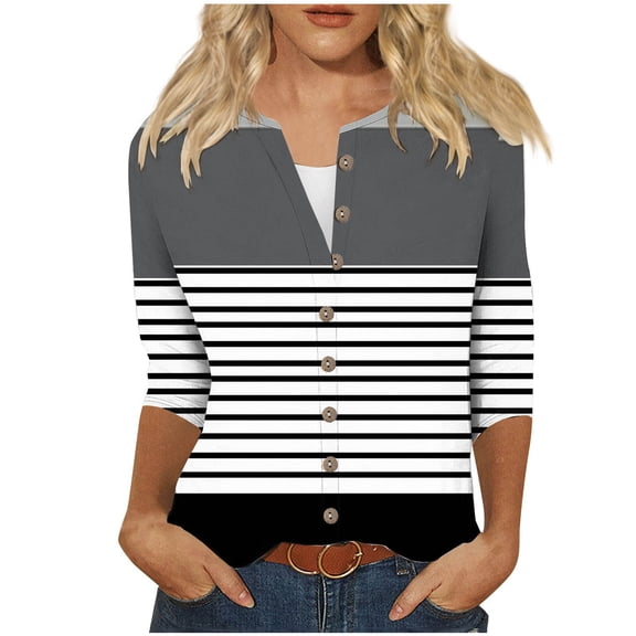 Nmnitkp Cartigan Light and Comfortable Womens Round Neck 3/4 Sleeve Tops Button Stria T-Shirts Solid Loose Cute Tunic Tee Blouses